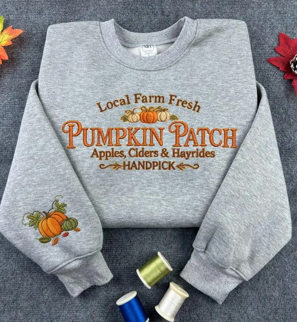 Embroidered Pumpkin Patch Sweatshirt, Vintage Halloween Hoodie, Fall Sweatshirt, Pumpkin Crewneck, Halloween Gift, Spooky Season LN