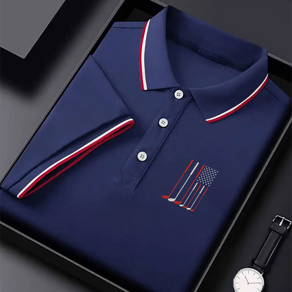 Golf Clubs America Flag Logo 250th Anniversary Navy Golf Shirt  HG Patriotic Golf Shirt  HG Golf Shirts For Men