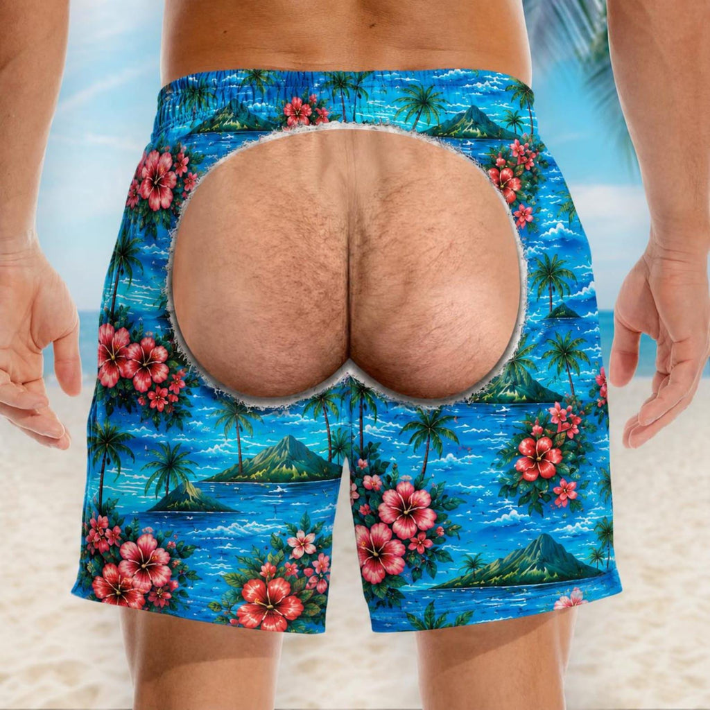 Funny Men Swim Trunks, HG Fake Butt Beach Shorts, Bachelor Party Gag Gift for Men, Personalized Novelty Swimwear, Gift for Him