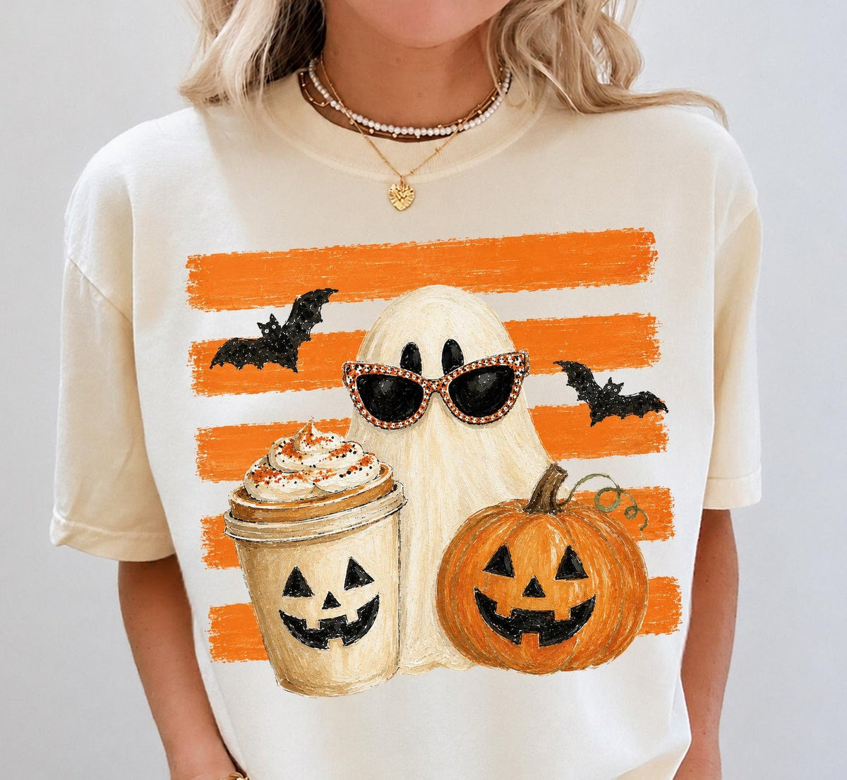Cute Halloween Ghost Coffee Shirt, Pumpkin Spice Latte Tee, Preppy Ghost Pumpkin Shirt, Fall Graphic Tee, Spooky Season Shirt DIEU