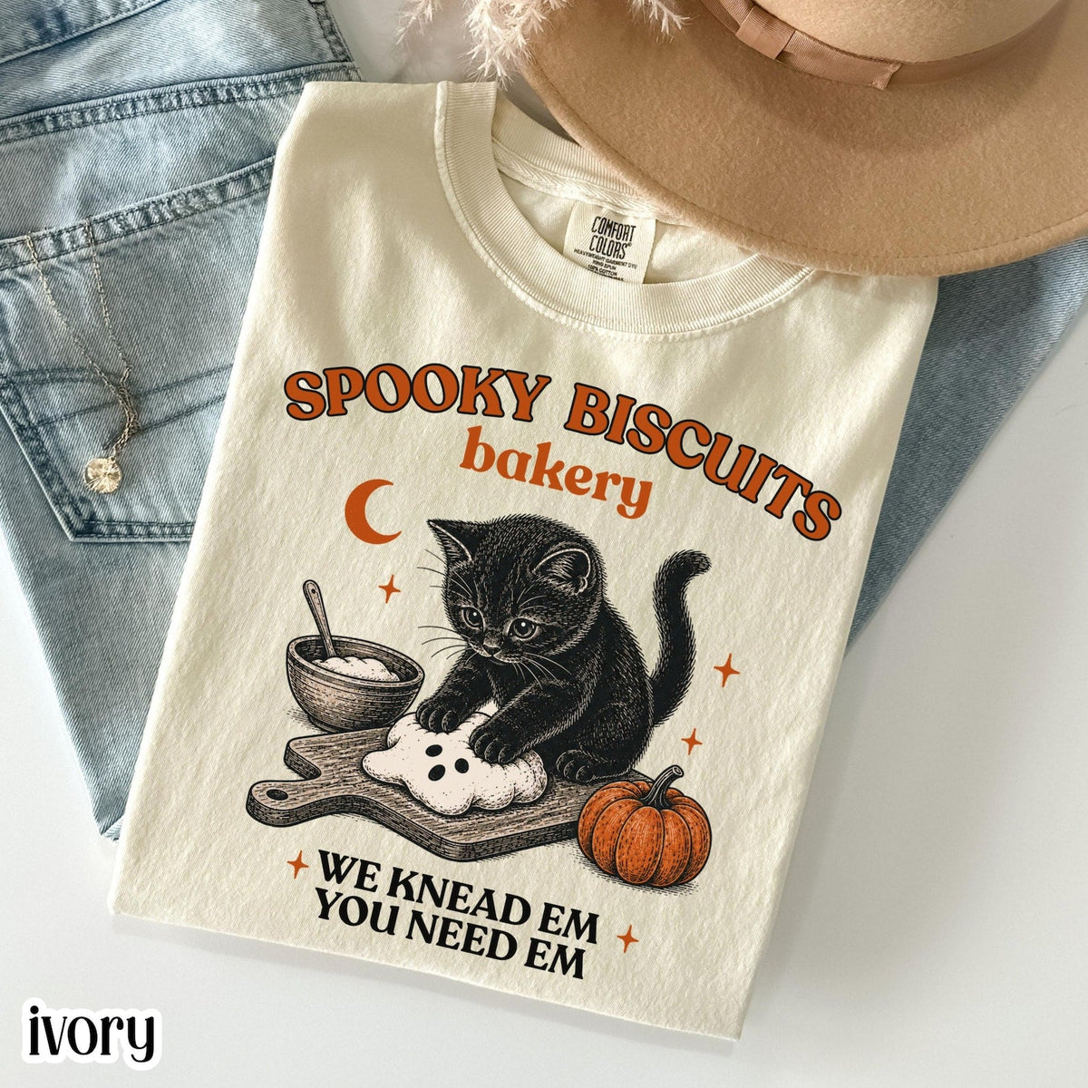 Kitty Biscuits Shirt Spooky Season Tee Black Cat Halloween Fall TShirt Vintage Baking Pumpkin T-Shirt Cat Lover Fall Gift NNA