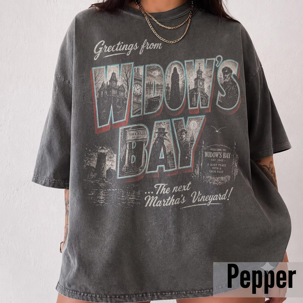 Vintage Greetings From Widow's Bay Shirt, Retro Spooky Travel Postcard T-Shirt, Gothic Graphic Tee, Dark Academia Autumn Apparel NNA