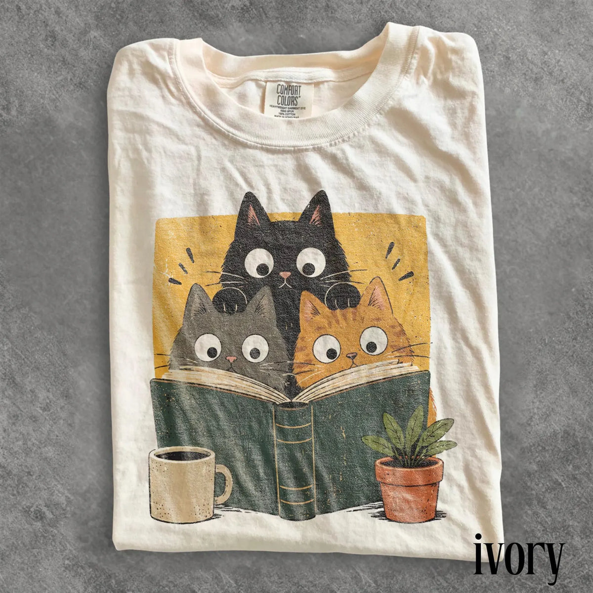 Retro Curious Reading Cats Graphic Tee, Book Lover Cat Shirt, Cozy Cottagecore Vintage Top, Comfort Colors® Reader Gift Tee
