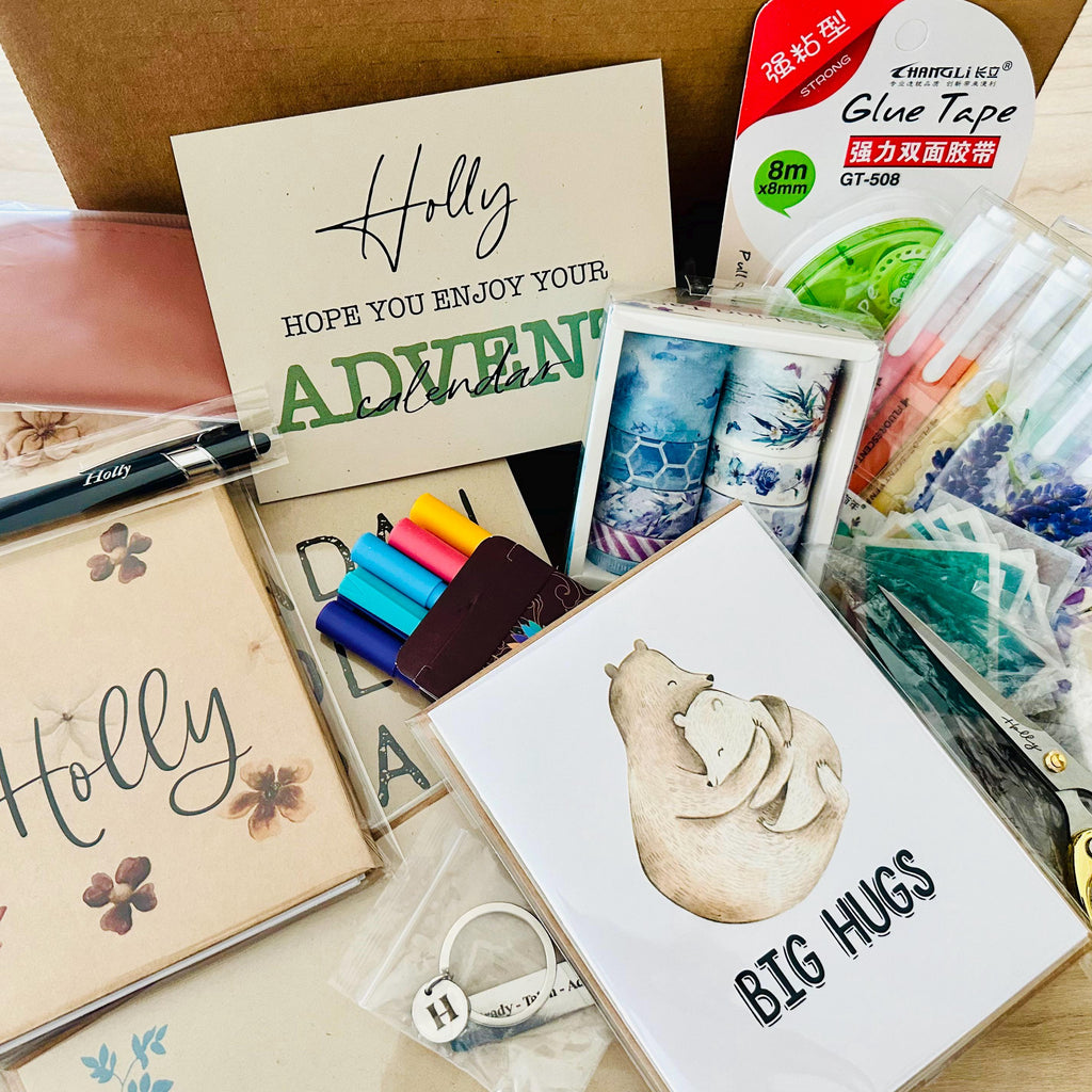 Stationery Gift Box, Advent Calendar HG, Personalized, 12 or 24 Days, Surprise Mystery Box, Grab Bag, Adults Kids Set, PenPal, Junk Journal