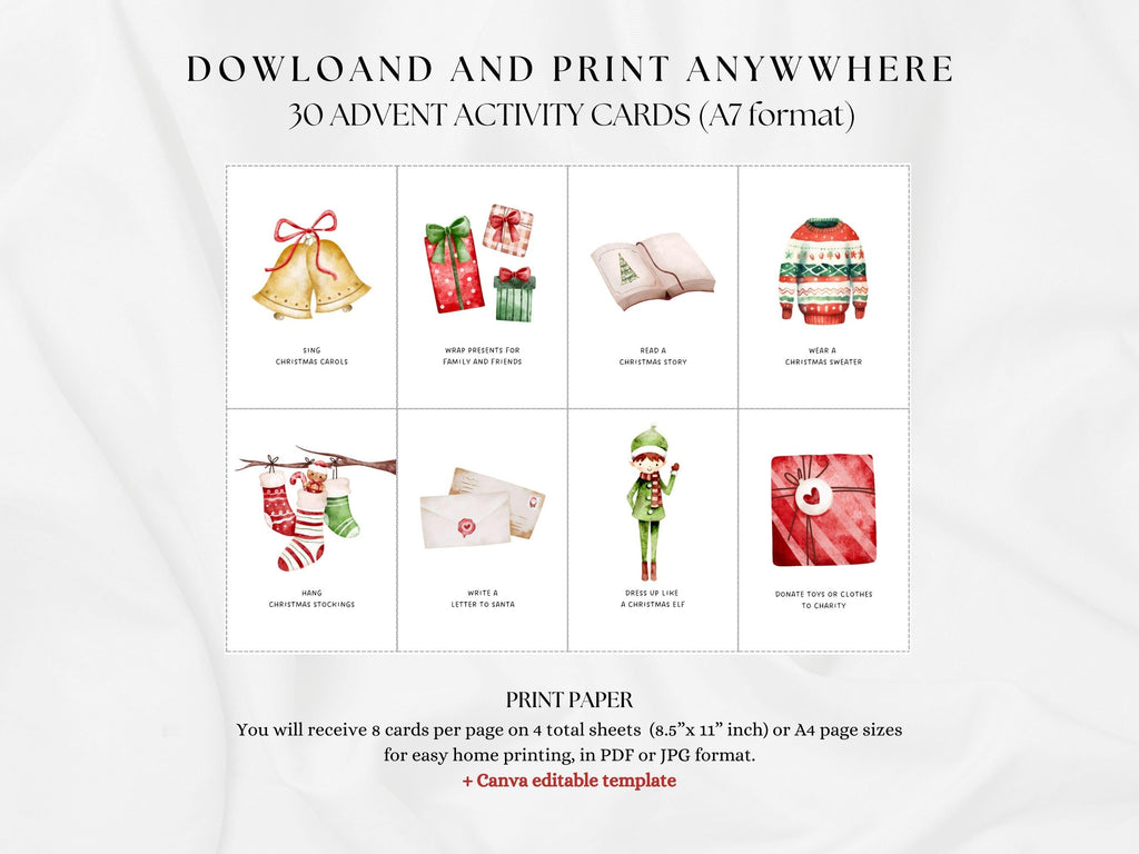 30 Editable Christmas Advent Activity Cards, Christmas Bucket List, Advent Cards, Instant , Printable Activity cards for kids, Canva