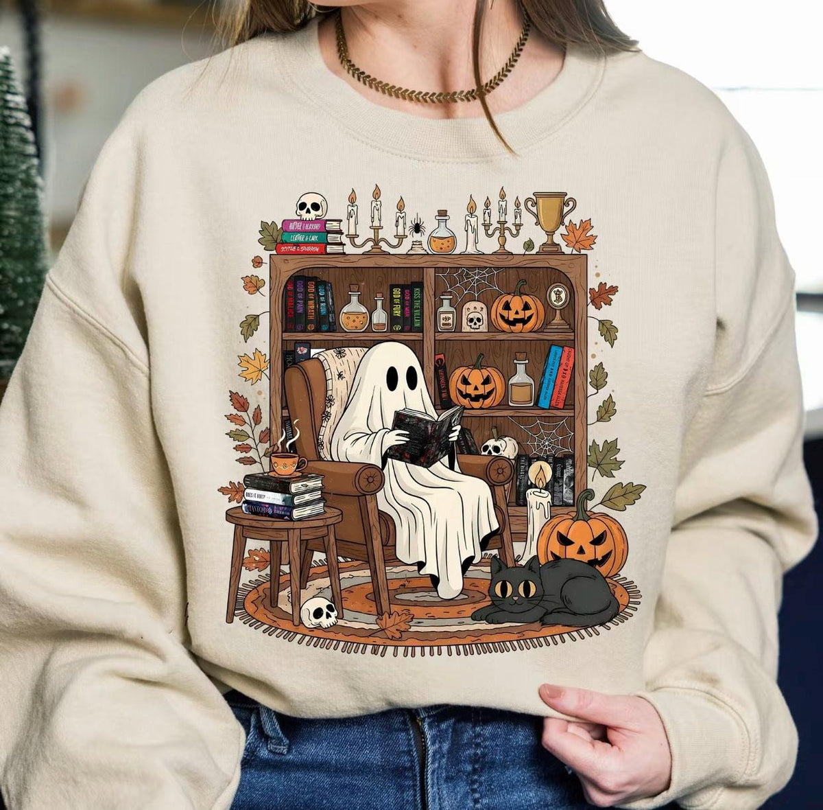 Cozy Ghost Reading T-Shirt: Halloween Library Bookshelf Tee NNA