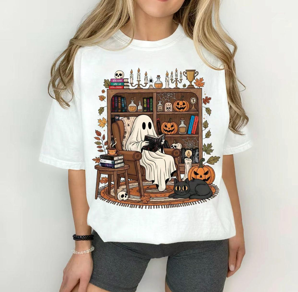 Cozy Ghost Reading T-Shirt: Halloween Library Bookshelf Tee NNA