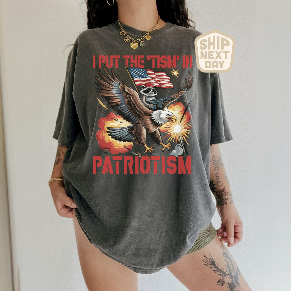 TT I Put The Tism In Patriotism Shirt  Funny American Flag T-Shirt  Bald Eagle Graphic Tee  4th of July Humor Shirt  USA Patriotic Gift Top NNA