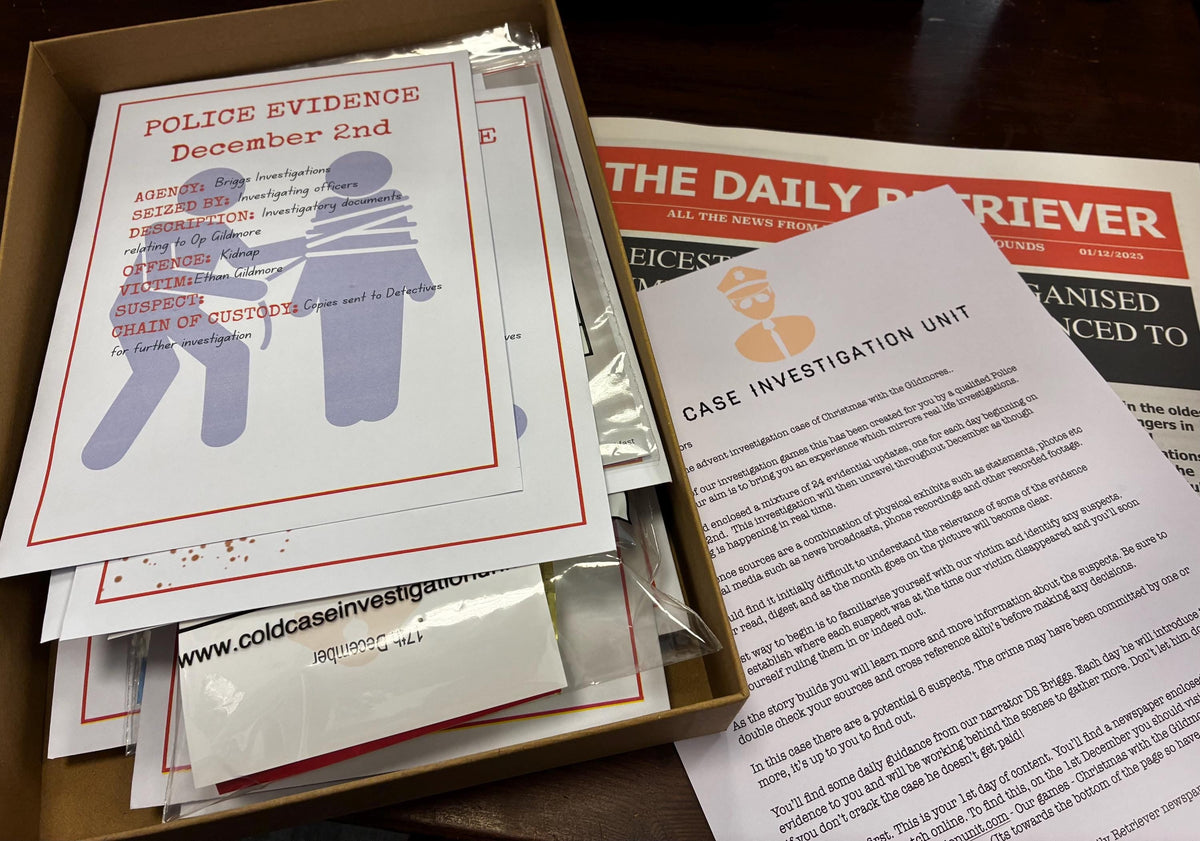 Murder Investigation Advent Calendar HG – Christmas Detective Game - 24 days of new evidence then an enamel Detective Badge on day 25