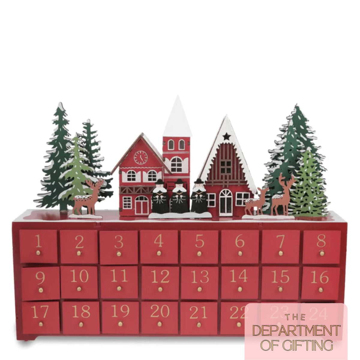 Personalized Red Wooden Light-Up Advent Calendar HG: Festive Winter Scene- Carol singers-adventskalender-Calendrier de l’avent