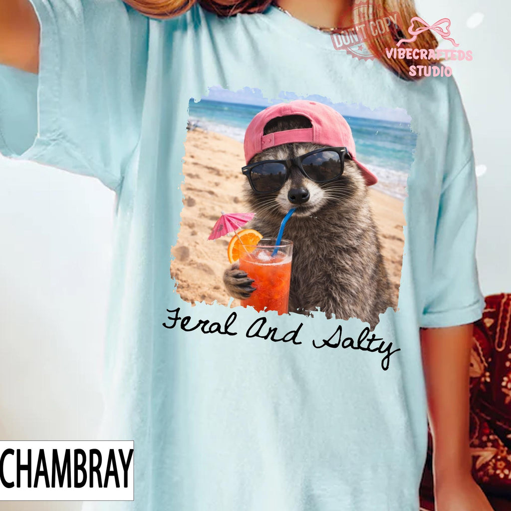 Feral And Salty Comfort Colors T-Shirt  Funny Beach Raccoon Shirt  Salty Summer Vacation Graphic Tee  Coastal Raccoon Meme Shirt NNA