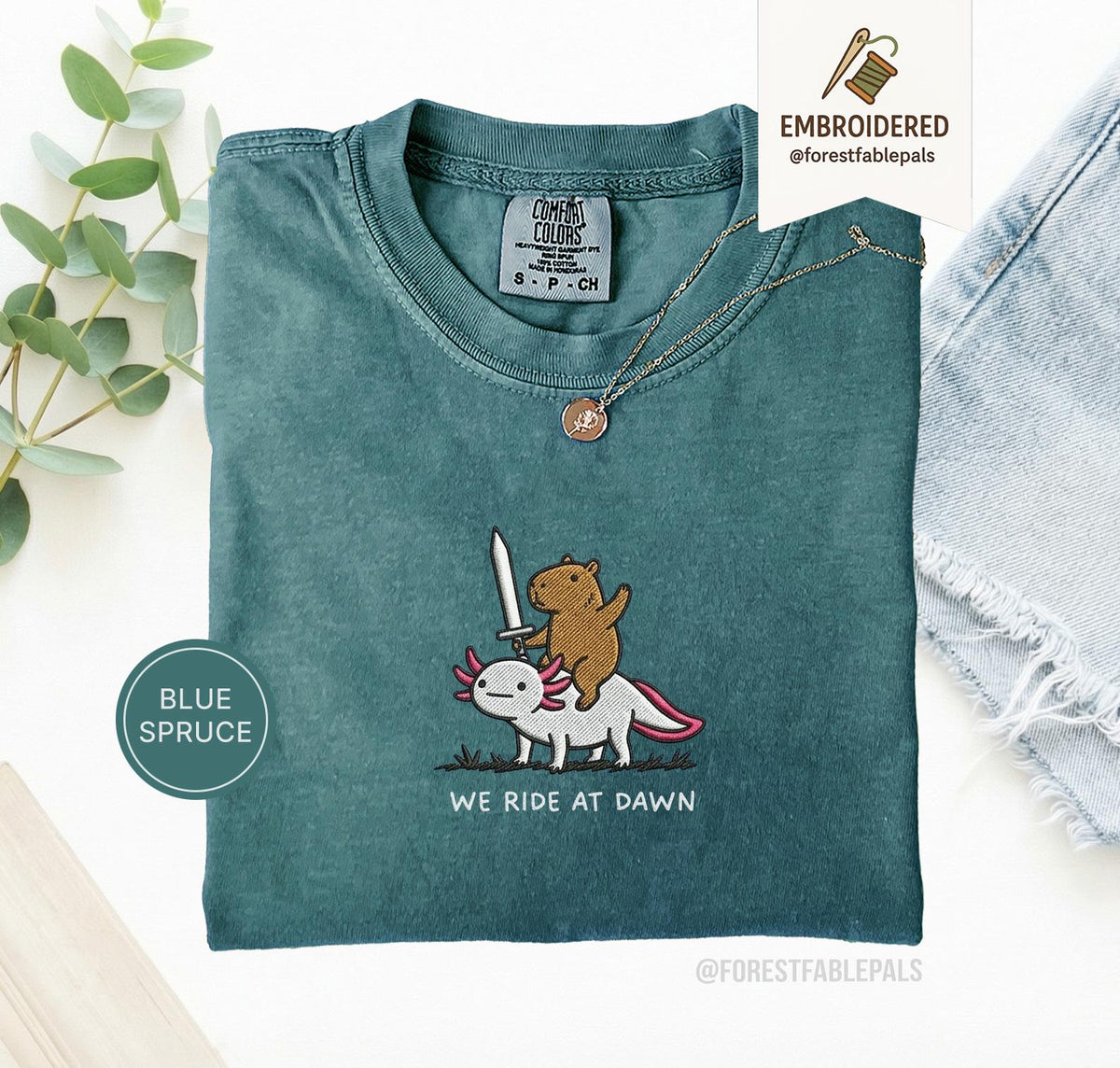 Embroidered Capybara Axolotl Shirt - We Ride at Dawn  Funny Capybara Shirt  Ren Faire Clothing  Cute Animal Gift  Medieval Shirt NNA