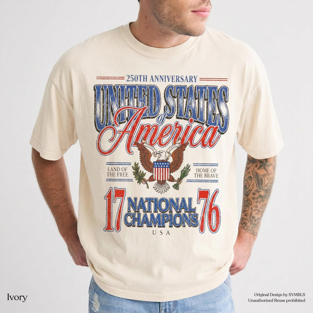 TT July 4th 1776 National Champions Funny T-Shirt  America 250th Anniversary Oversized Tee  Distressed Americana NNA