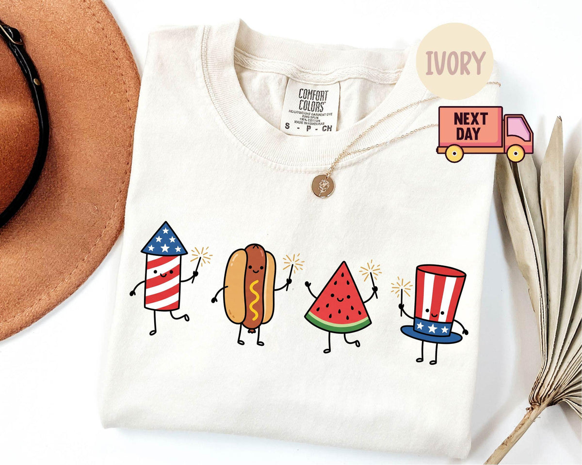 TT Comfort ColorsÂ® Patriotic Doodle  Cute Fourth of July Shirt  Watermelon Hotdog Firework Shirt  Retro American Shirt  Funny Sumer 250th Shirt NNA
