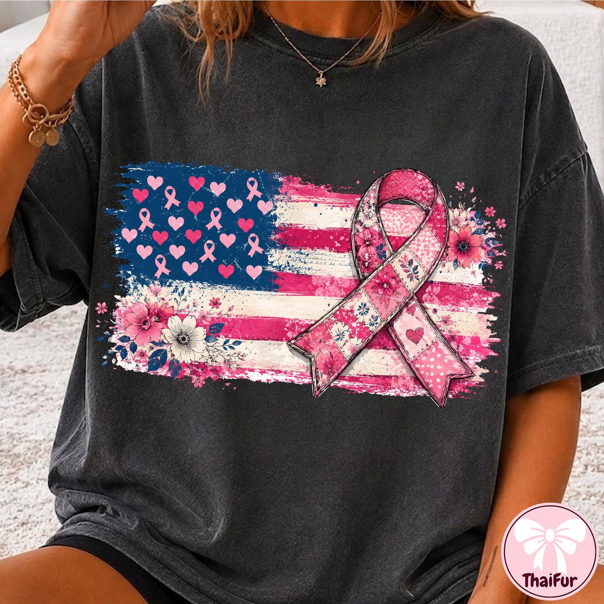 Pink Ribbon Breast Cancer American Flag Awareness Design  Coquette Breast Cancer Shirt HG Graphic  Tackle Cancer HG
