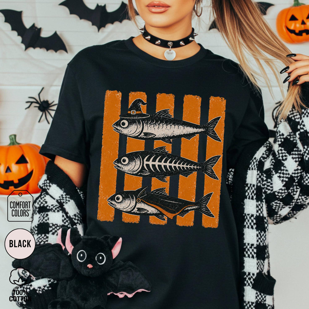 Retro Sardines Halloween Shirt Comfort Colors Striped Tin Fish Tee Vintage Spooky Season Outfit Vampire Sardines Fall Coastal Graphic NNA