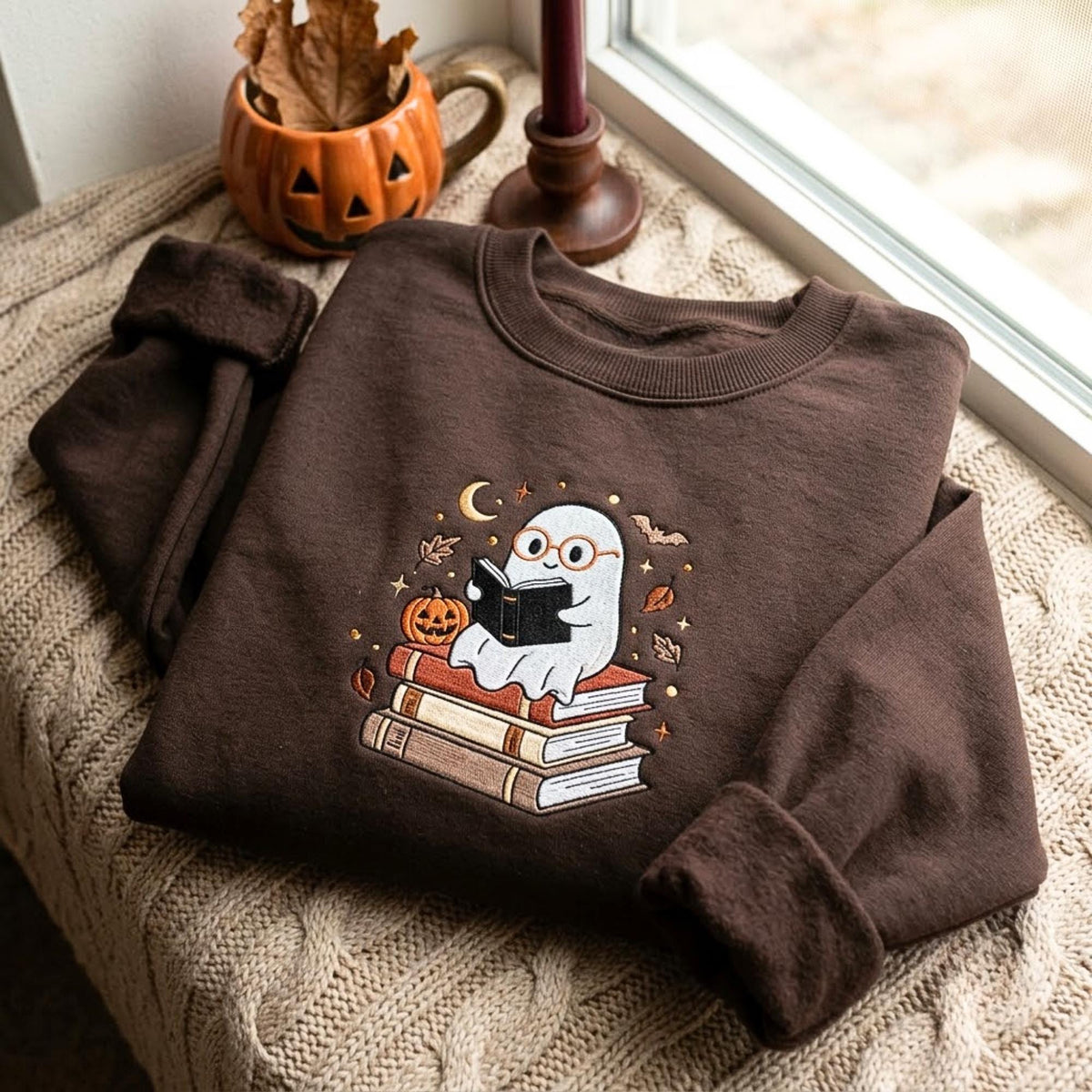 Embroidered Ghost Reading Books Sweatshirt  Spooky Season Book Lover Gift NNA