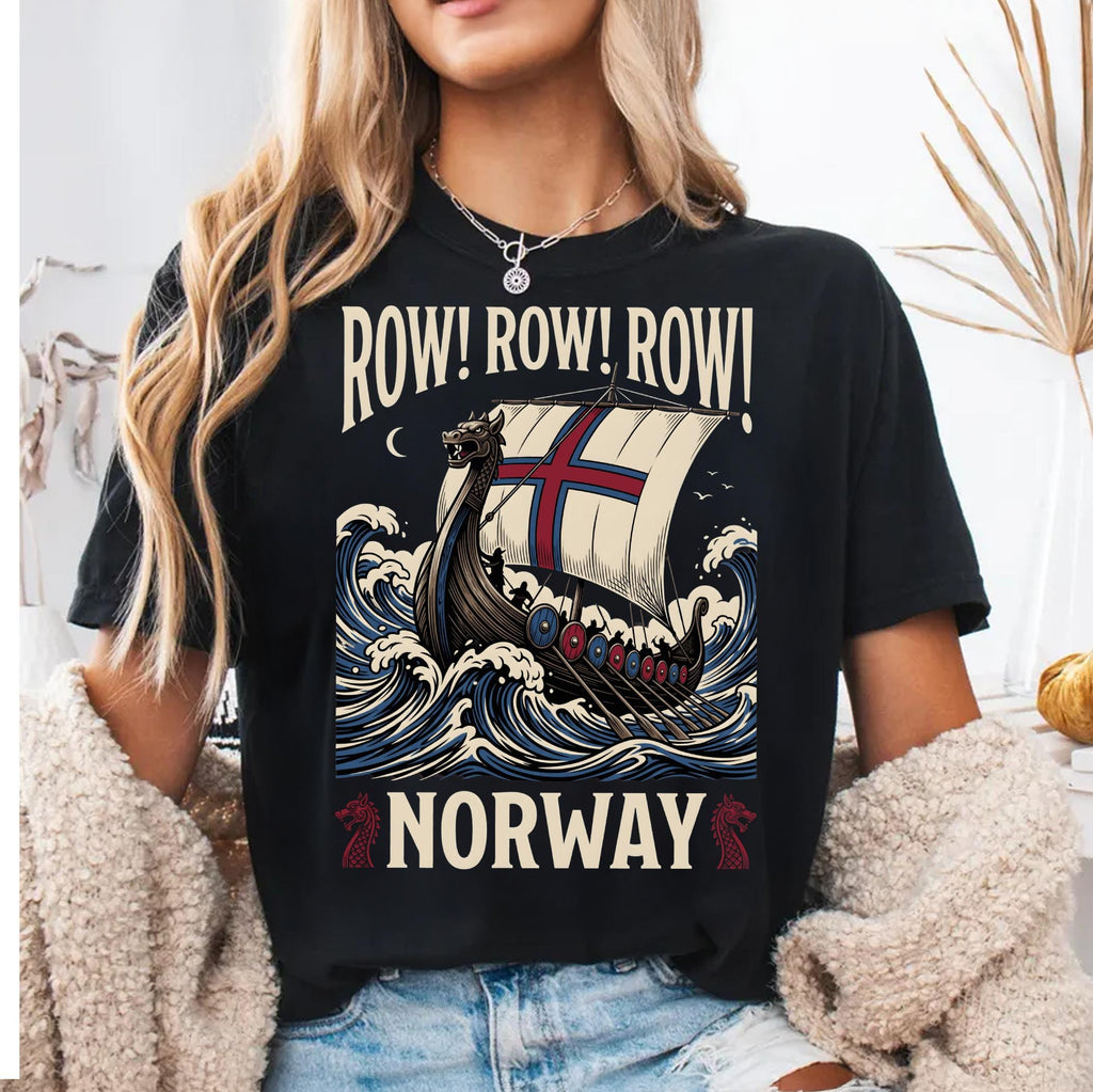 Viking Longship HFN T-Shirt with Dragon Head and Waves - Row Norway Graphic Tee for Norse History & Lore Lovers