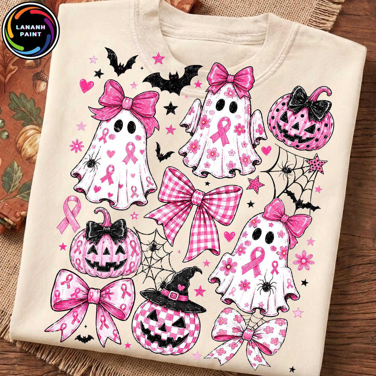 Pink Ghost Breast Cancer Halloween Awareness Shirt HG Design  Coquette Bow Retro Graphic  Breast Cancer