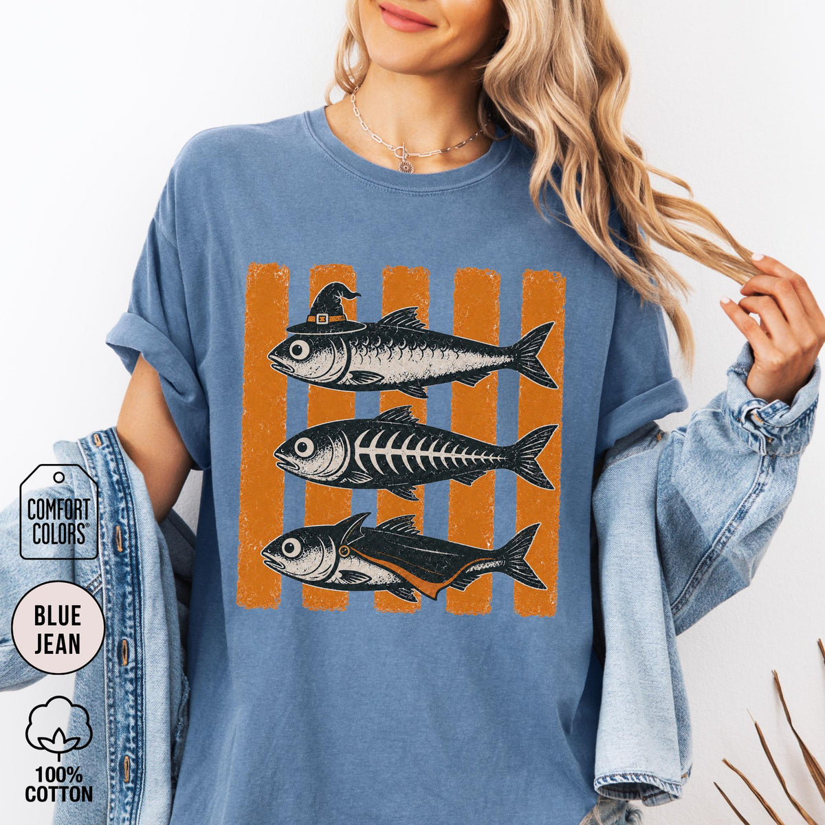Retro Sardines Halloween Shirt Comfort Colors Striped Tin Fish Tee Vintage Spooky Season Outfit Vampire Sardines Fall Coastal Graphic NNA