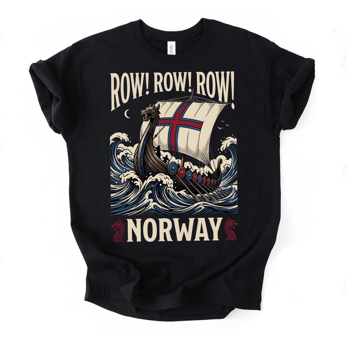 Viking Longship HFN T-Shirt with Dragon Head and Waves - Row Norway Graphic Tee for Norse History & Lore Lovers