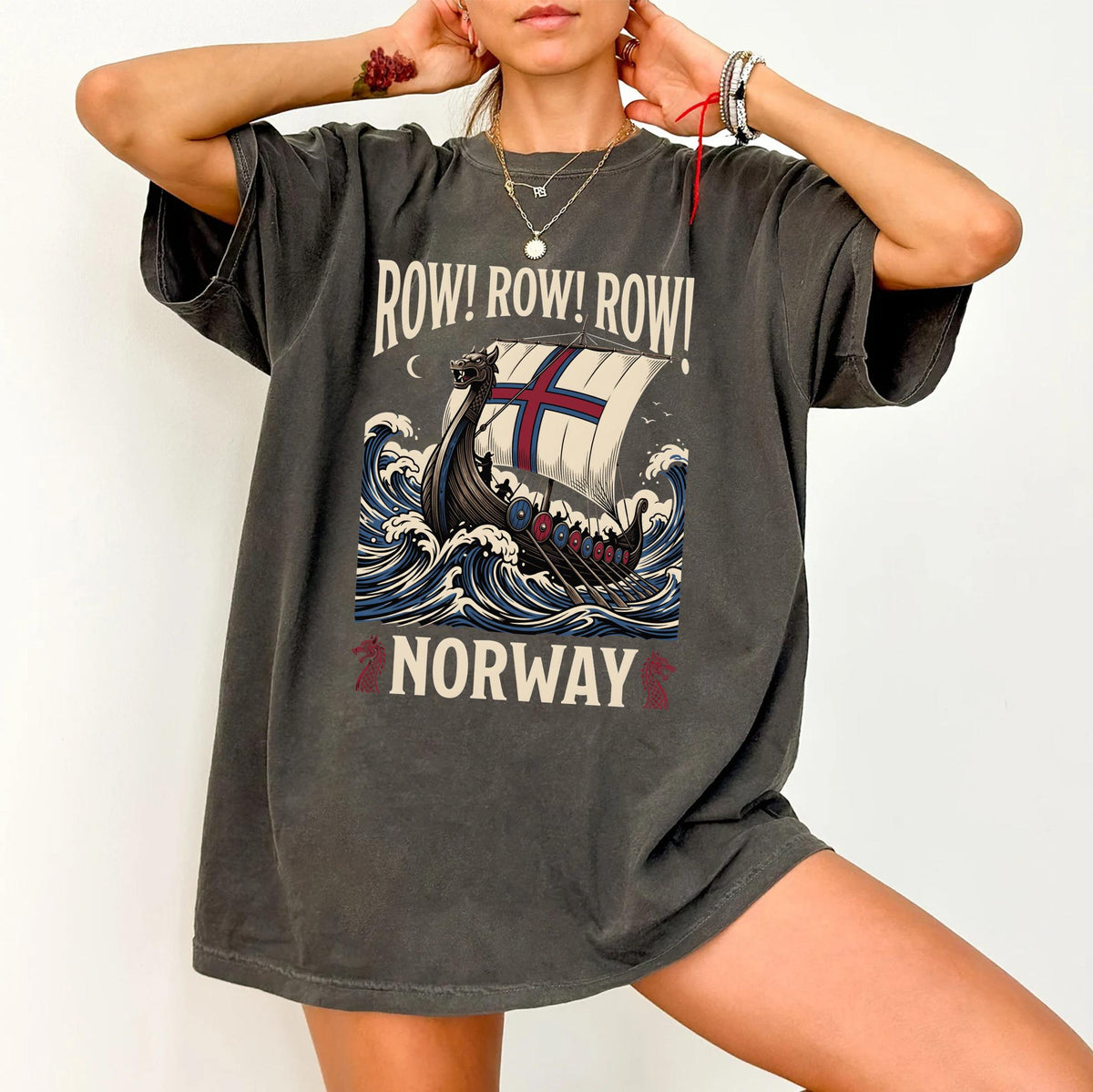 Viking Longship HFN T-Shirt with Dragon Head and Waves - Row Norway Graphic Tee for Norse History & Lore Lovers