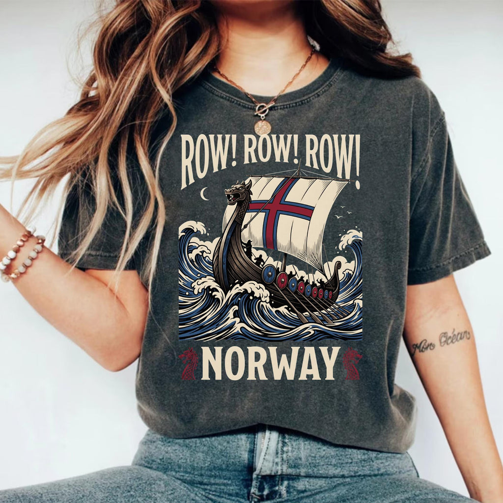 Viking Longship HFN T-Shirt with Dragon Head and Waves - Row Norway Graphic Tee for Norse History & Lore Lovers