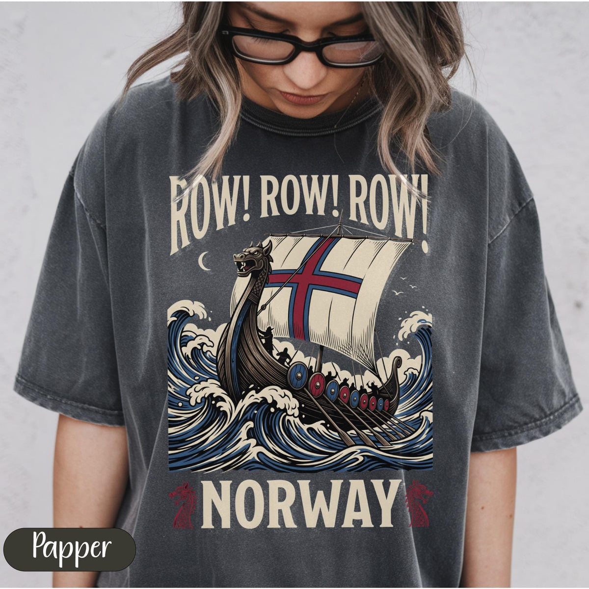 Viking Longship HFN T-Shirt with Dragon Head and Waves - Row Norway Graphic Tee for Norse History & Lore Lovers