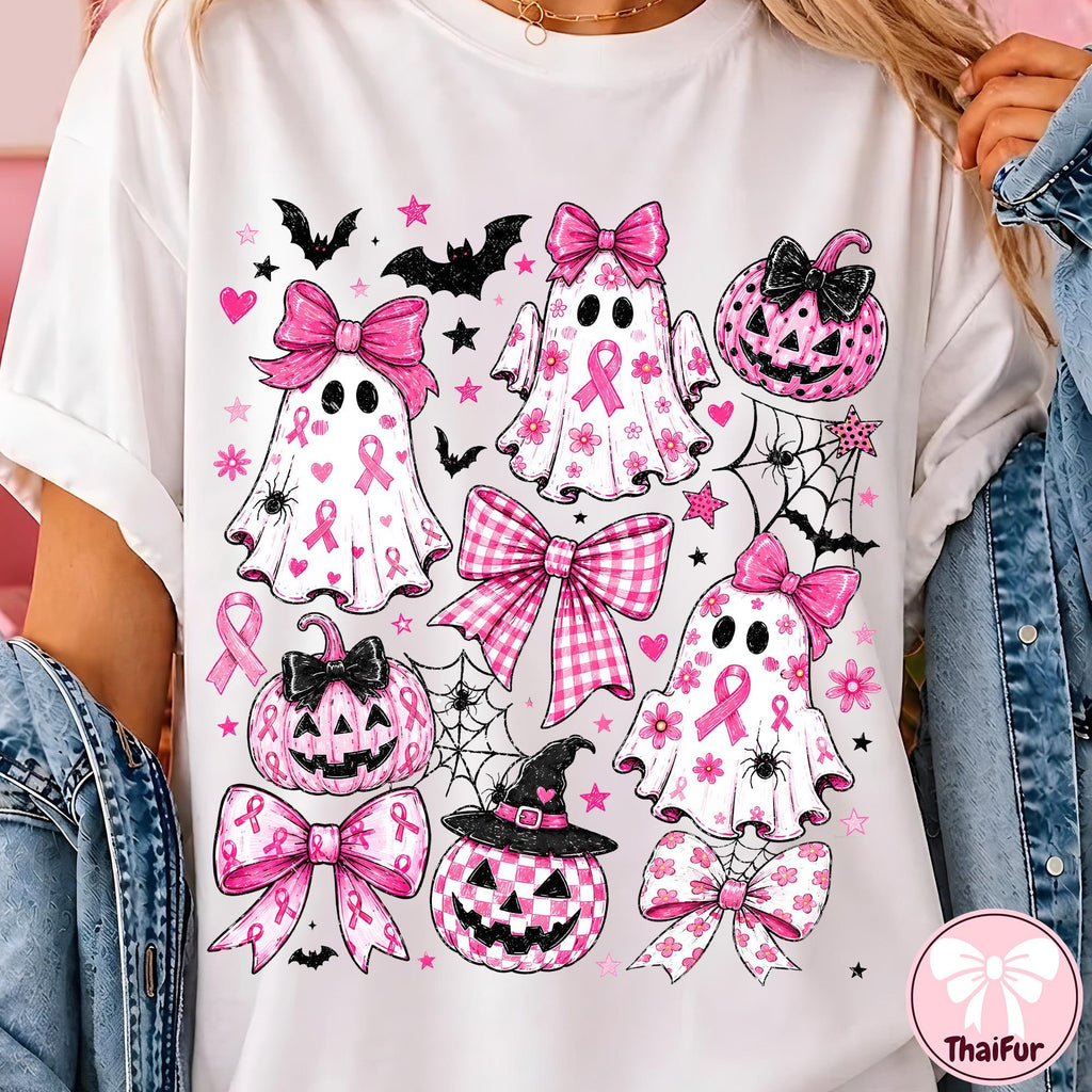 Breast Cancer Ghost Coquette Bow Pink Ghost Design  Retro Breast Cancer Awareness Halloween Shirt HG