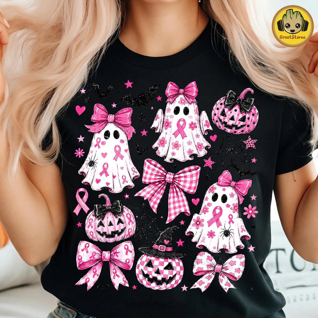 Pink Ghost Breast Cancer Retro Halloween Awareness Design  Coquette Bow Shirt HG Graphic  Breast Cancer