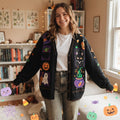 Halloween Cardigan HG  Sweater for Women, Black Witch Cat Pumpkin Ghost Knit Button Up Cozy Fall Halloween Outfit Gift Idea