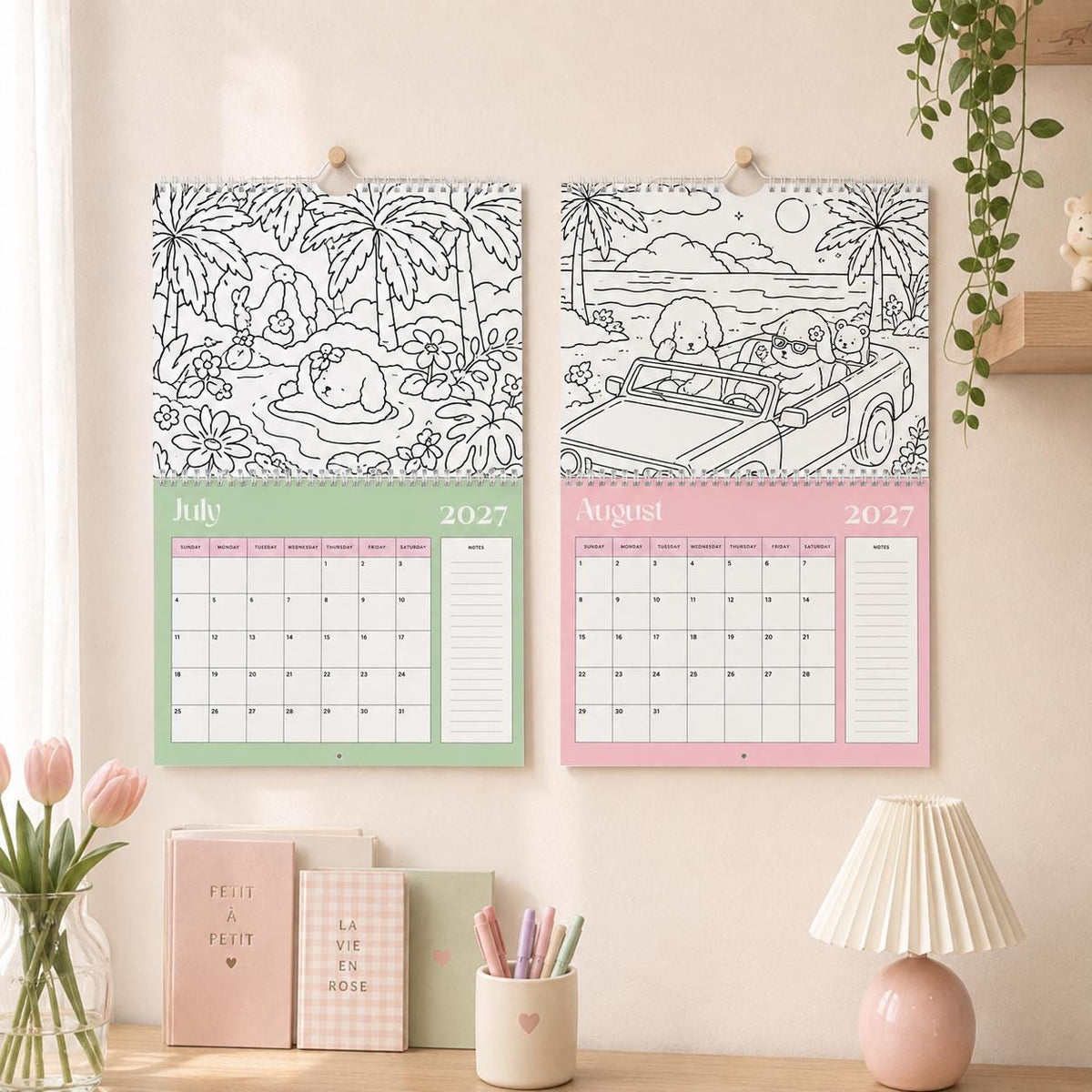 2027 Coloring Book Wall Calendar, Cute Bear Scenes, 11x17 Spiral Monthly Planner