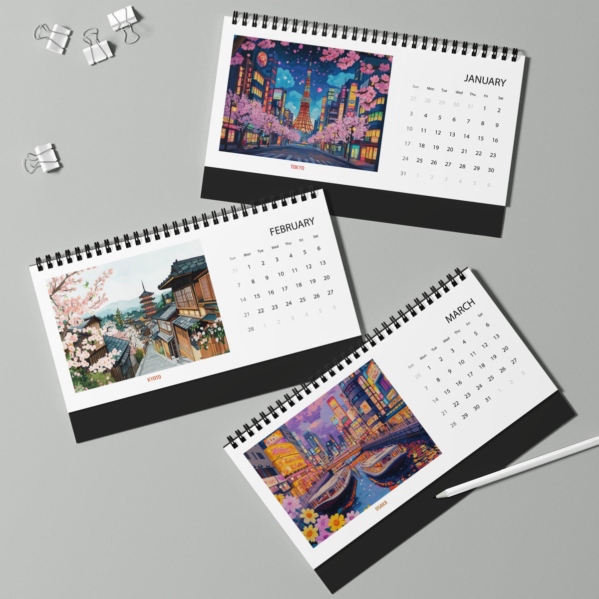 Japan 2027 Desk Calendar - Monthly Travel Desk Decor, Illustrated 12 Month Planner, Gift for Travelers, Japan Lover, Wanderlust, Holiday