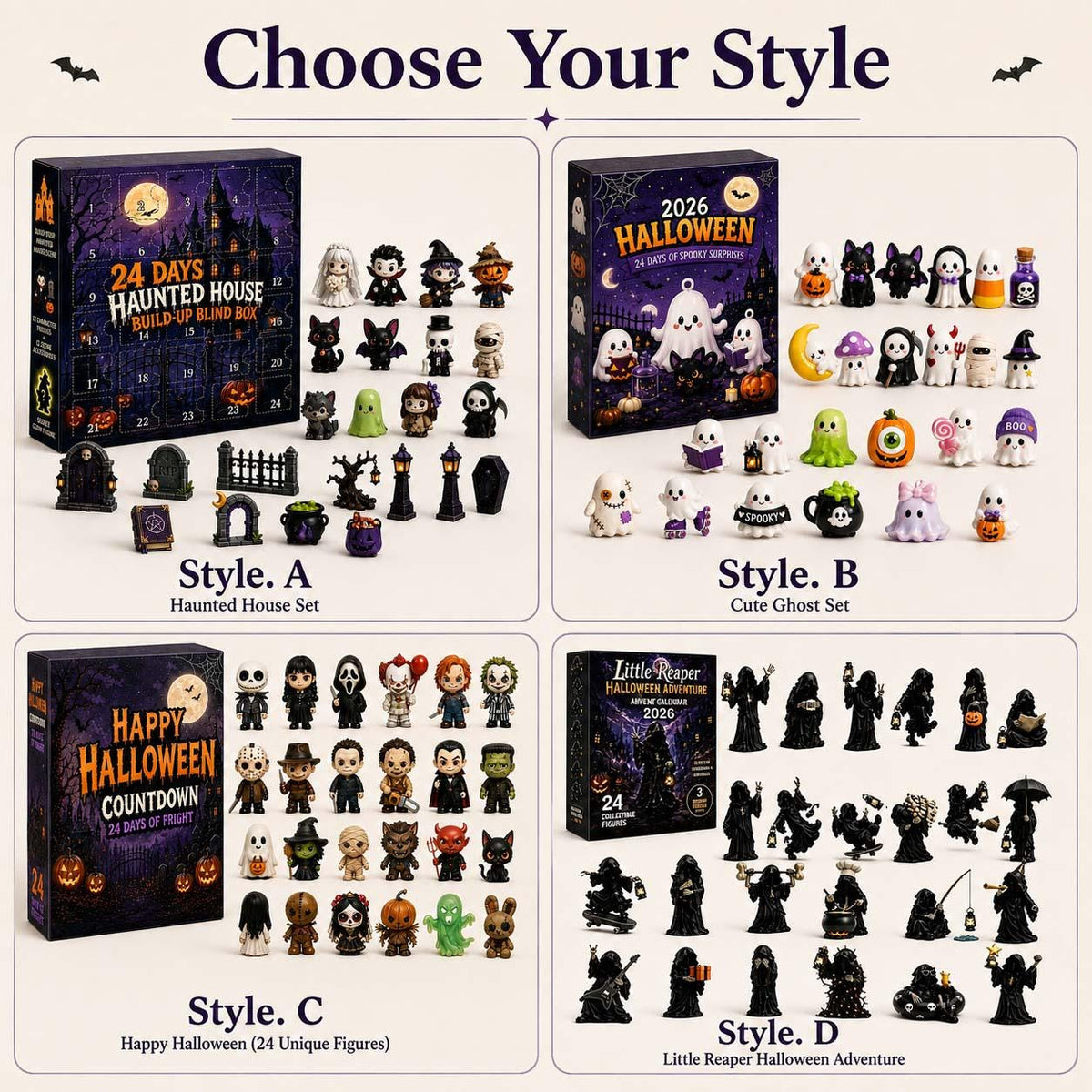 Halloween Mystery Box Advent Calendar HG, 24 Mini Collectible Figures, Ghost Witch Pumpkin Characters, Kids Holiday Surprise Toy