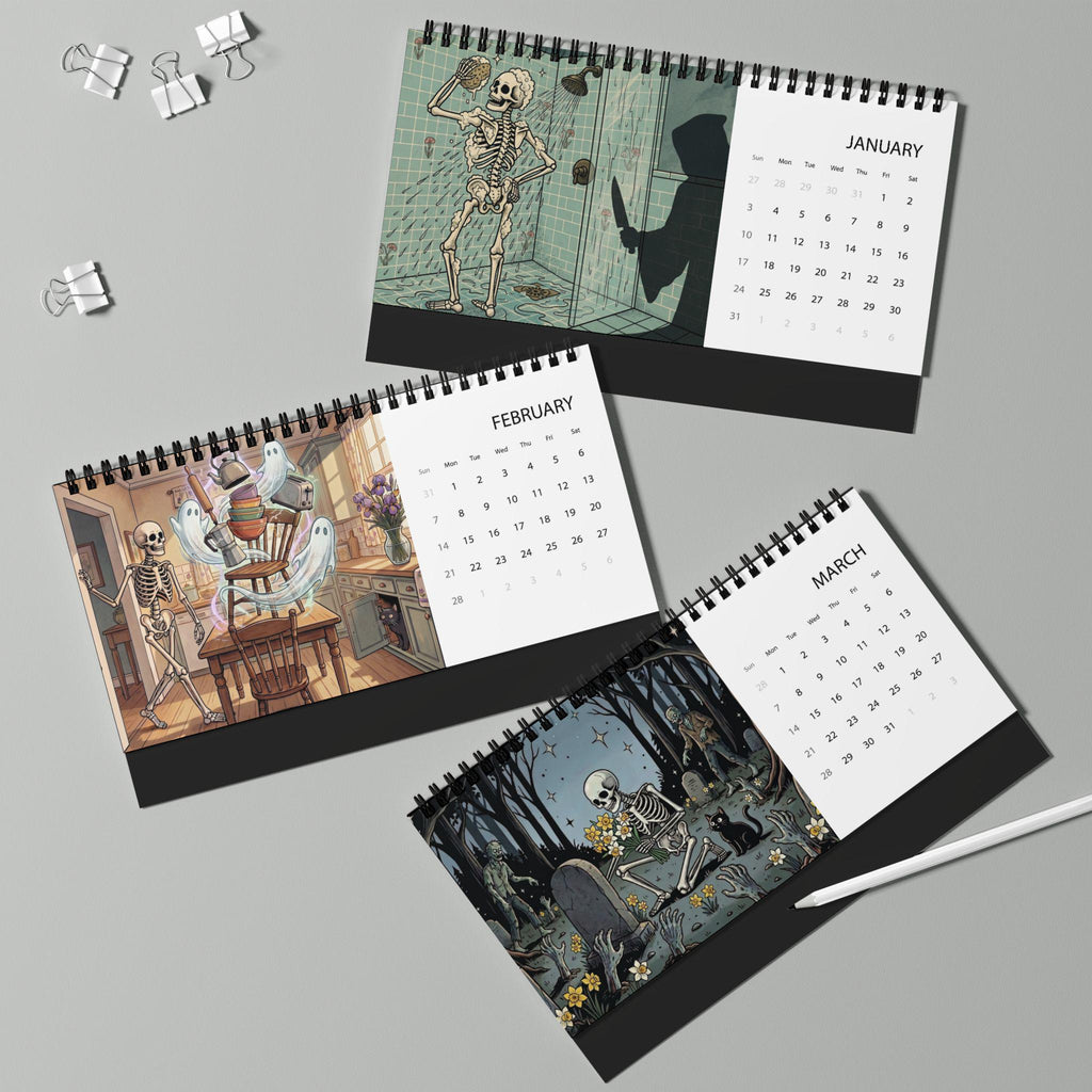 The Horrors Persist Desktop 2027 Calendar | Funny Horror Skeleton Calendar for 2027 | Dark Humor Desk Calendar