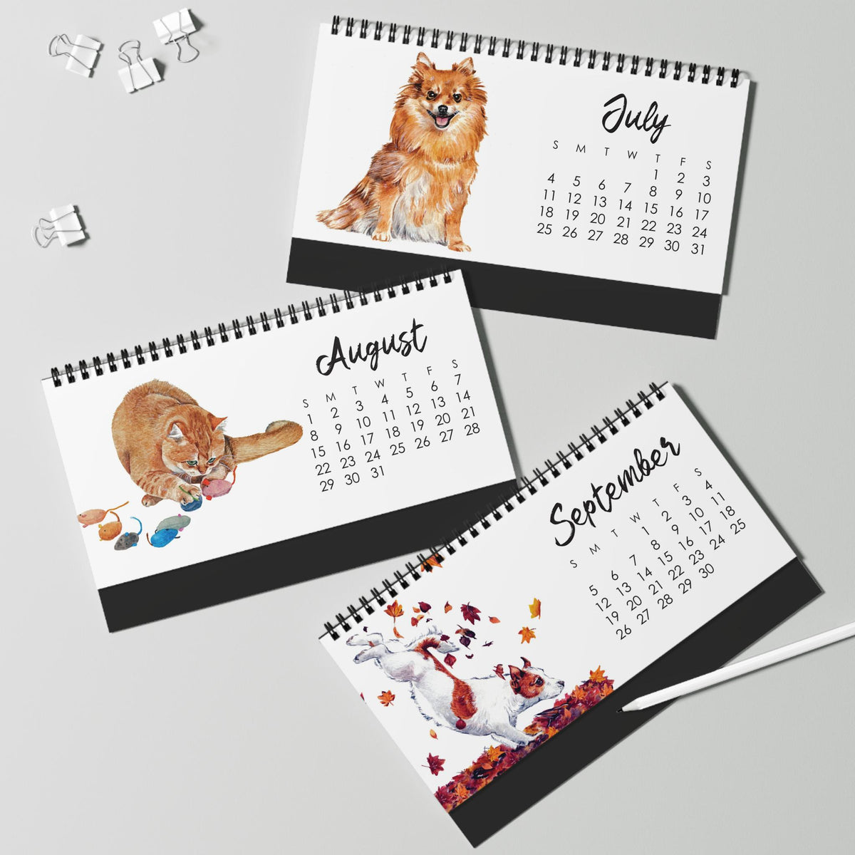2027 Watercolor Cats & Dogs Desk Calendar | Monthly Pet Desktop Calendar
