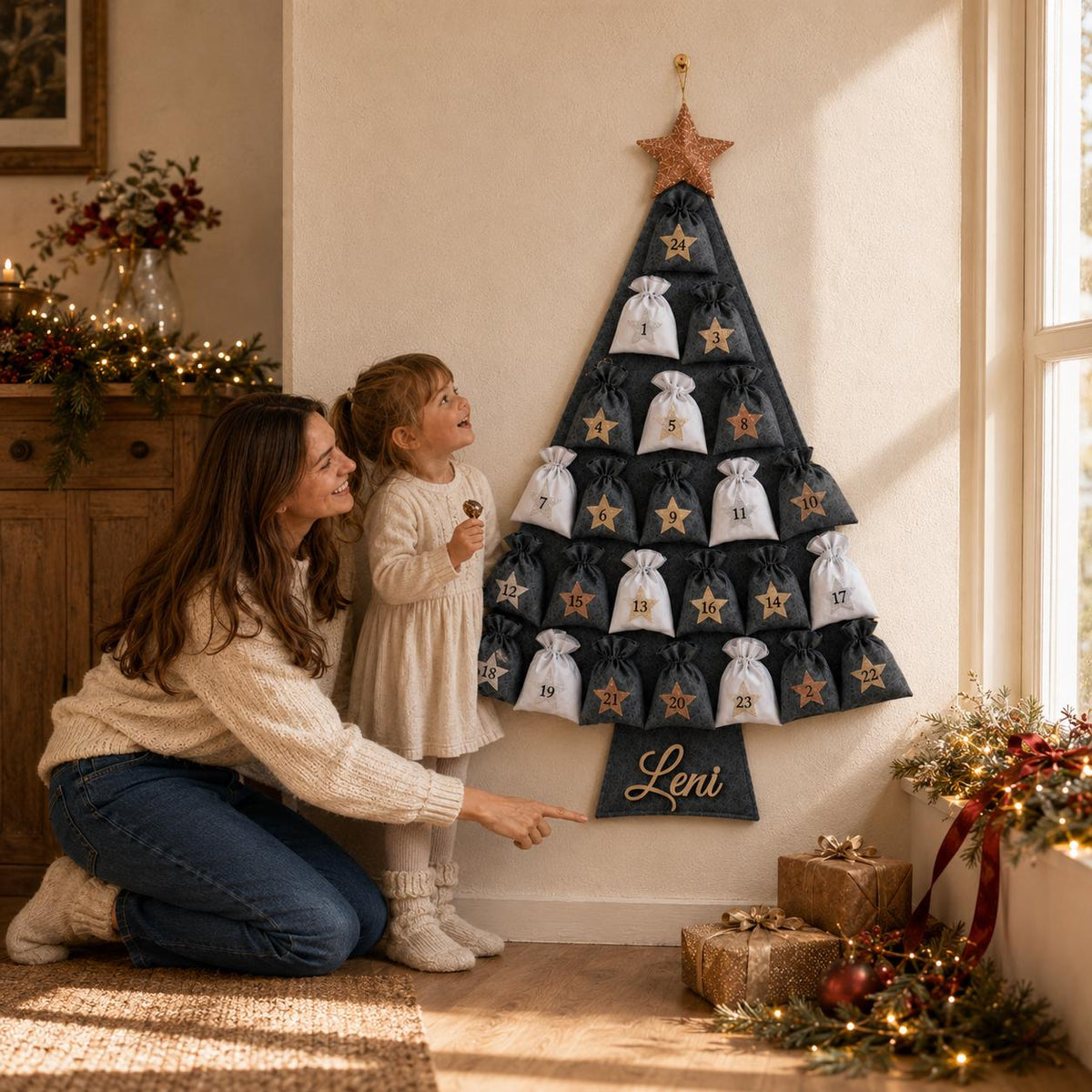 Personalized Felt Advent Calendar HG With Name – Christmas Tree, 24 Fillable Bags, 45 in Tall