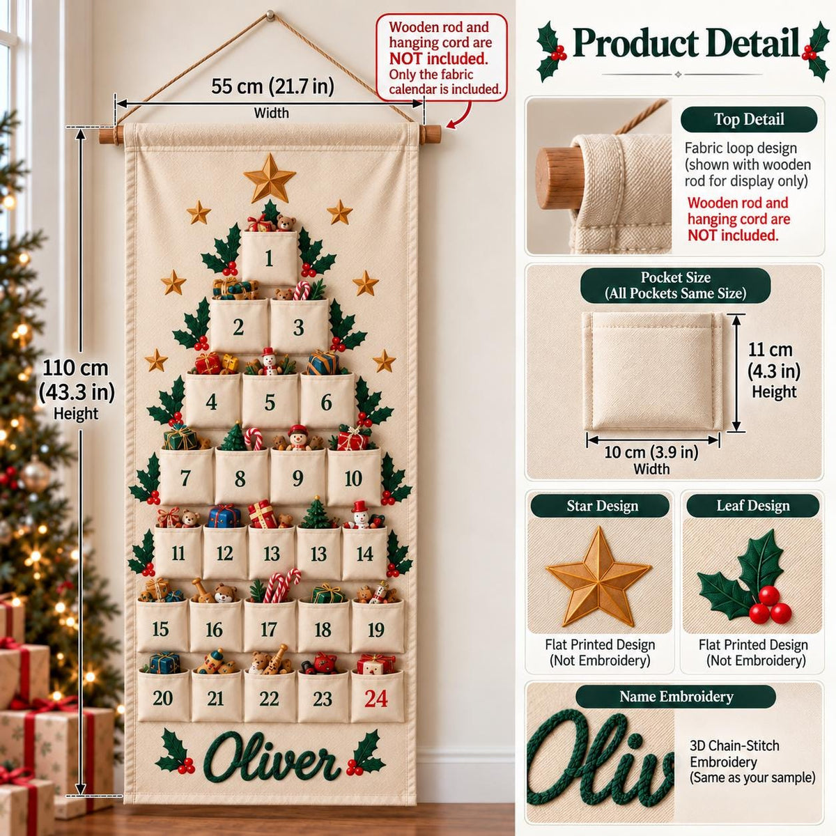 Personalized Advent Calendar HG for Kids, 24 Pocket Christmas Countdown Calendar, Fillable Fabric Wall Hanging, Custom Name Christmas Decor