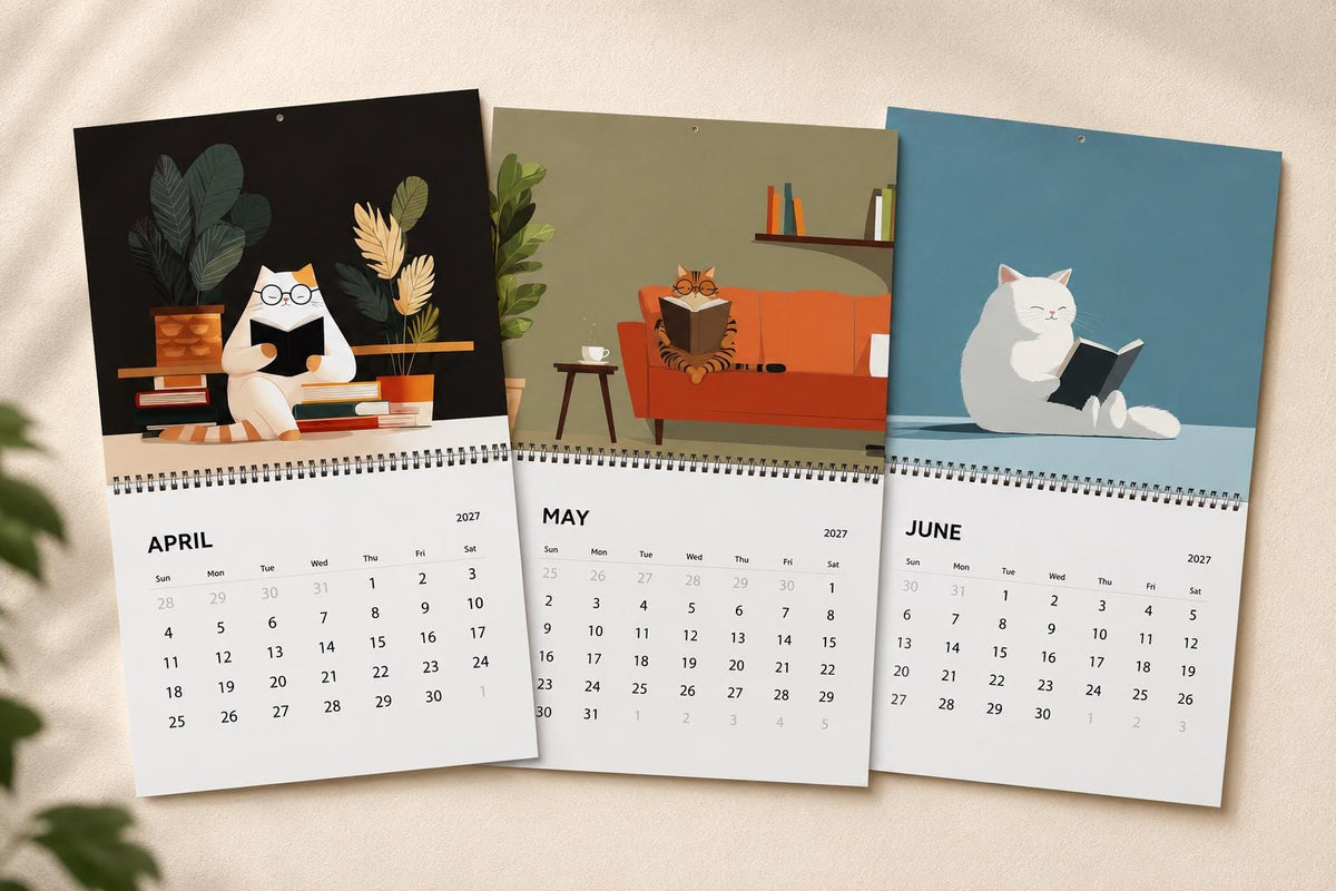 2027 Cozy Cat Calendar for Book Lovers, Whimsical Feline Illustration Calendar, Literary Gift for Readers, Reading Cats 2027 Wall Calendar
