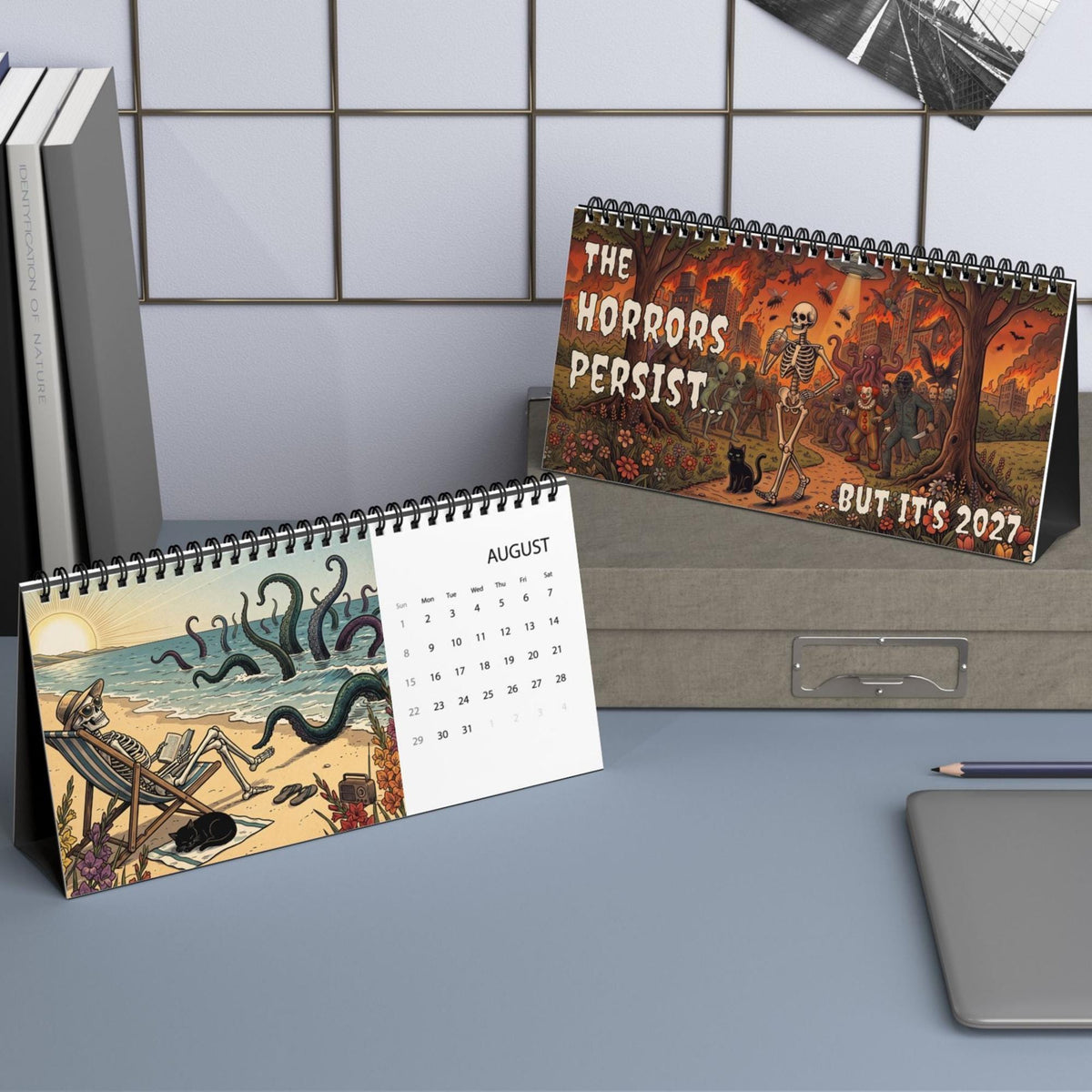 The Horrors Persist Desktop 2027 Calendar | Funny Horror Skeleton Calendar for 2027 | Dark Humor Desk Calendar