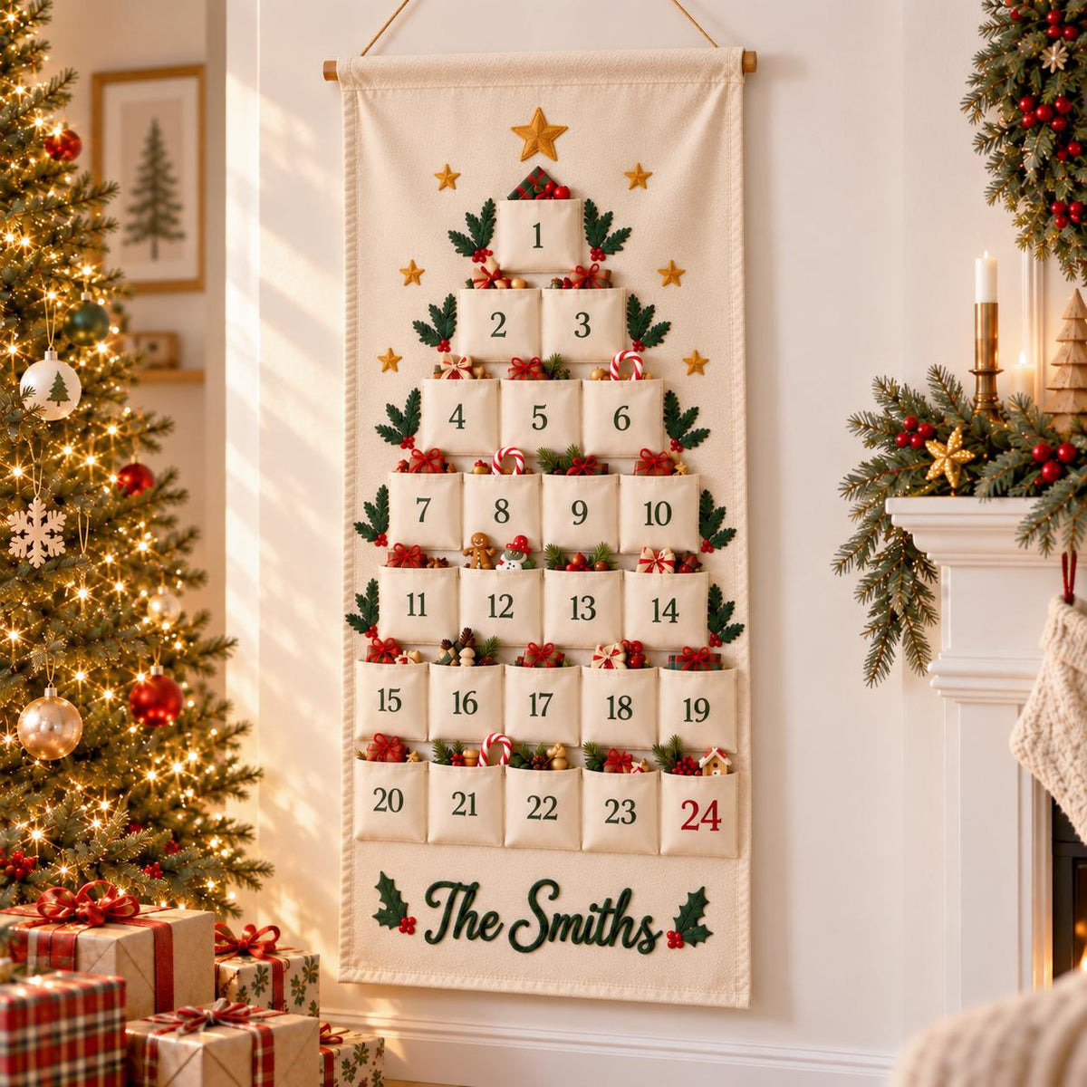 Personalized Advent Calendar HG for Kids, 24 Pocket Christmas Countdown Calendar, Fillable Fabric Wall Hanging, Custom Name Christmas Decor