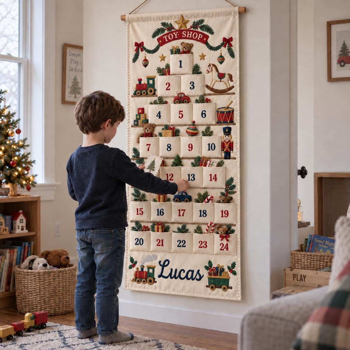 Personalized Christmas Advent Calendar HG for Kids, 24 Pocket Pink Nutcracker Fabric Wall Banner, Custom Name Holiday Countdown for the Family