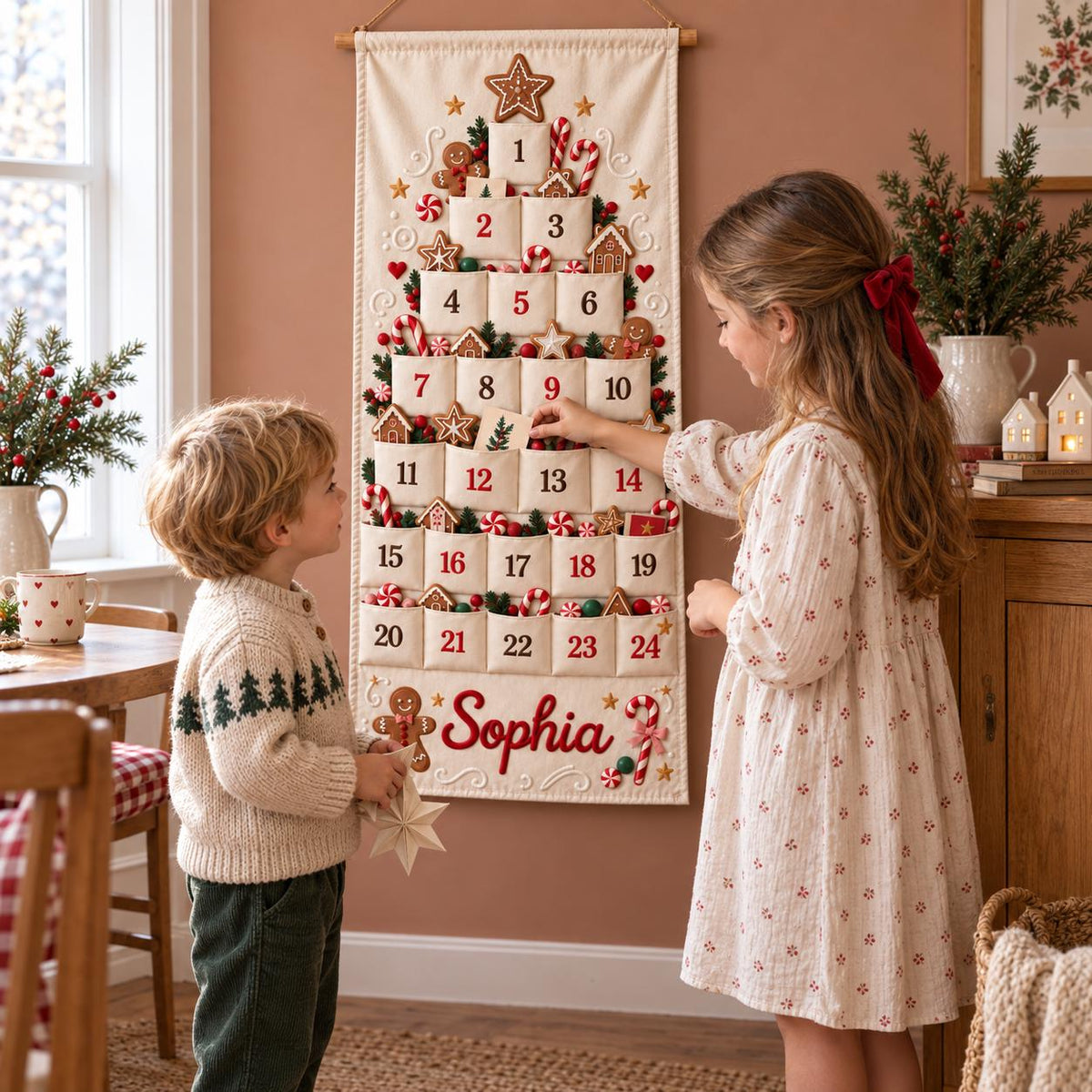 Personalized Christmas Advent Calendar HG, 24 Fillable Pockets, Reusable Christmas Wall Hanging, Home Countdown for Family Traditions