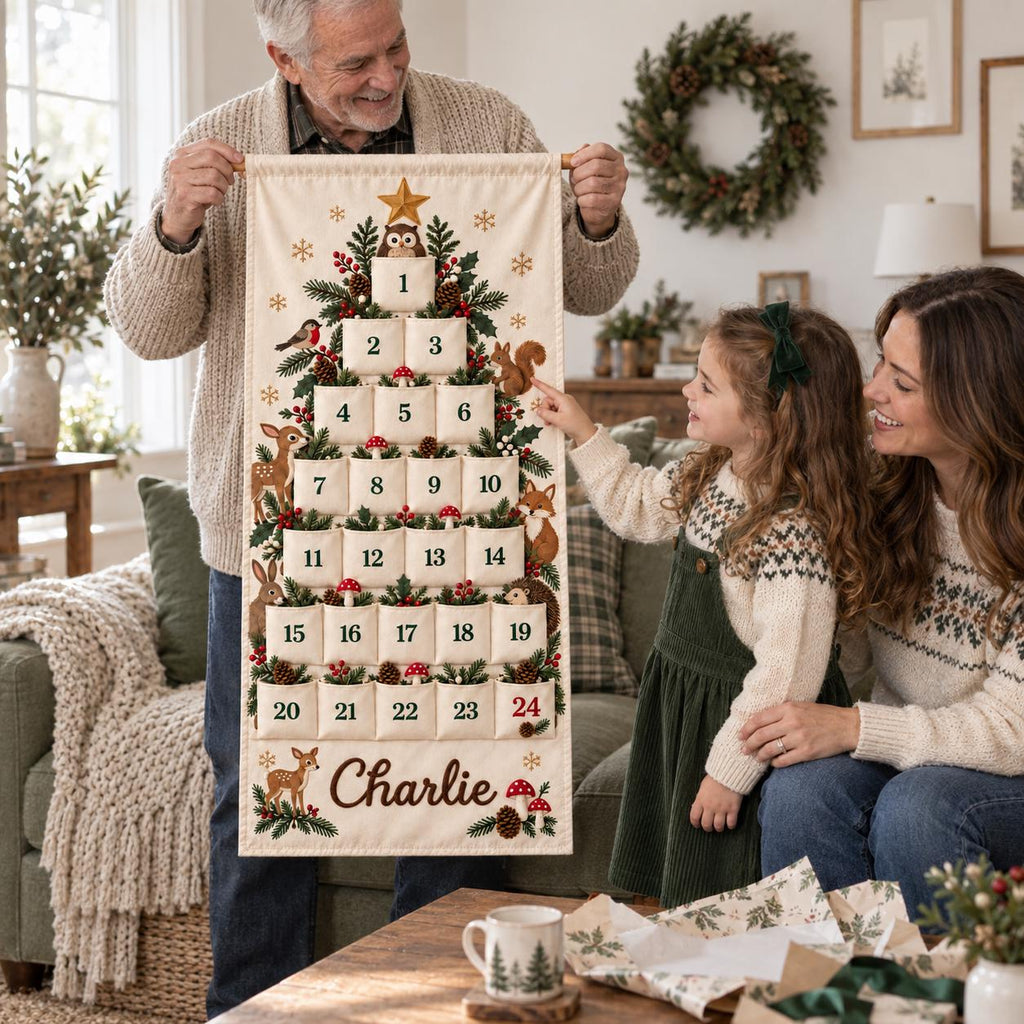 Personalized Christmas Advent Calendar HG for Kids, 24 Pocket Pink Nutcracker Fabric Wall Banner, Custom Name Holiday Countdown for the Family