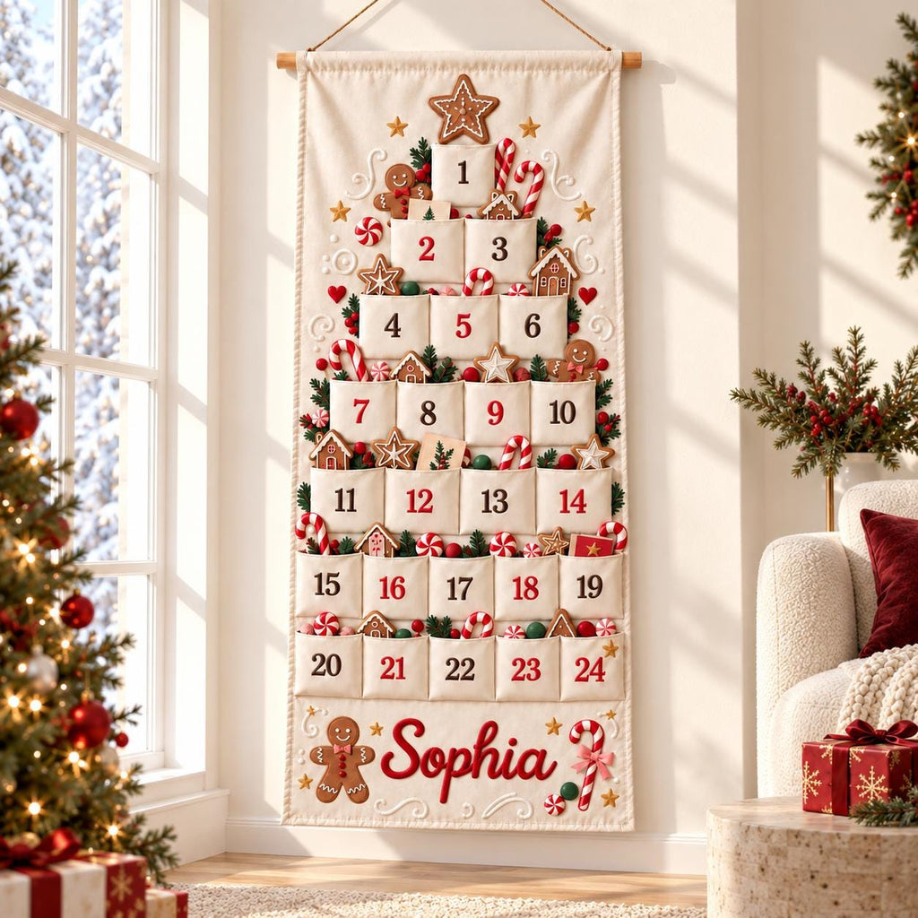 Personalized Christmas Advent Calendar HG for Kids, 24 Pocket Pink Nutcracker Fabric Wall Banner, Custom Name Holiday Countdown for the Family