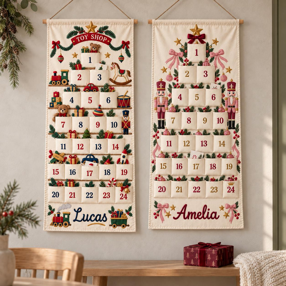 Personalized Christmas Advent Calendar HG, 24 Fillable Pockets, Reusable Christmas Wall Hanging, Home Countdown for Family Traditions
