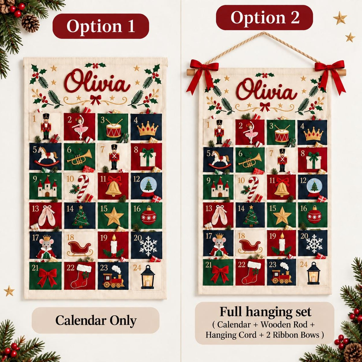 Personalized Advent Calendar HG 2026, Fabric Advent Calendar HG with Name, 24 Pocket Christmas Countdown for Kids, Xmas Gift, Holiday Keepsake