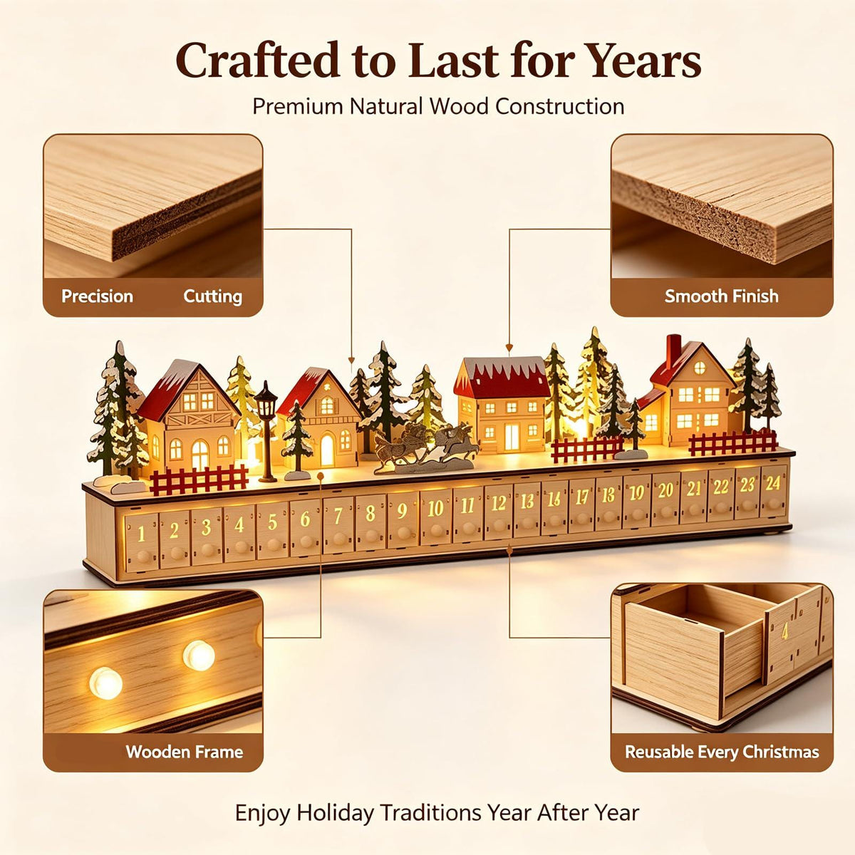Wooden Advent Calendar HG, 24 Drawer Christmas Countdown, Light Up Christmas Village, Reusable Holiday Decor, Christmas Gift