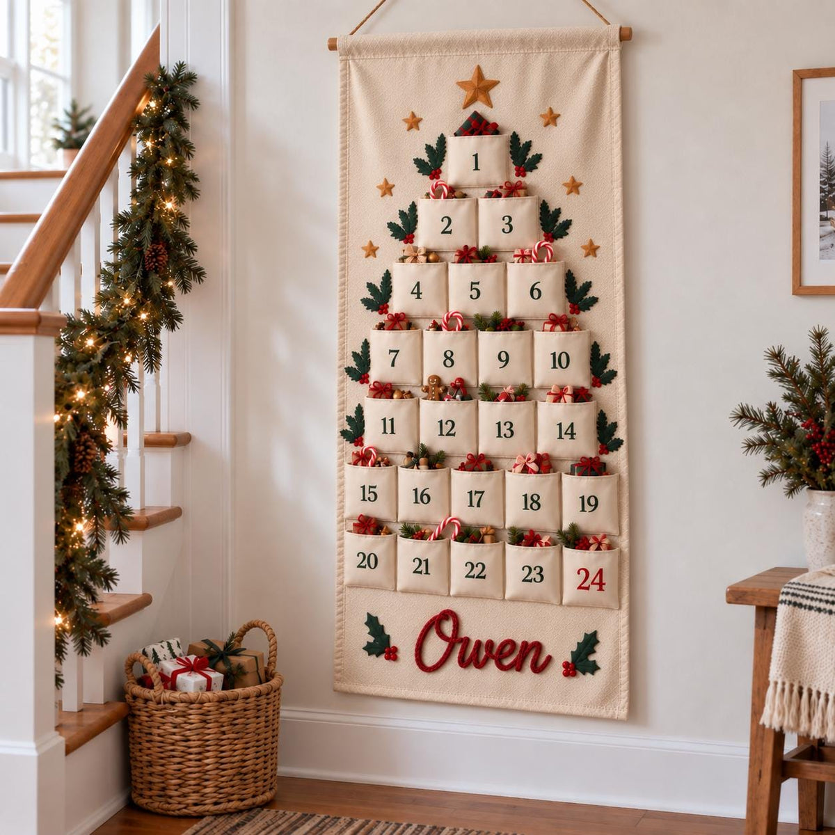 Personalized Advent Calendar HG for Kids, 24 Pocket Christmas Countdown Calendar, Fillable Fabric Wall Hanging, Custom Name Christmas Decor