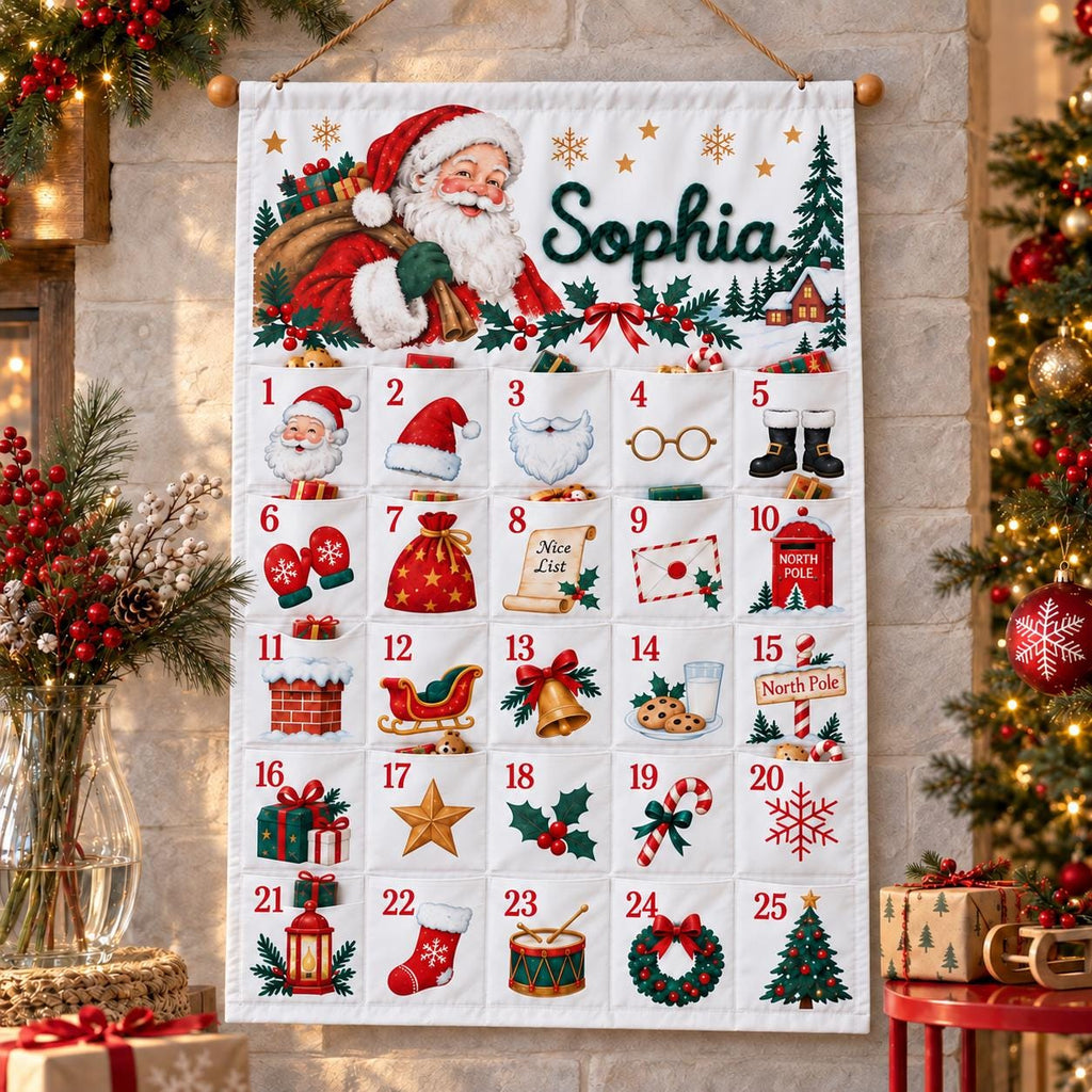 Personalized Reindeer Advent Calendar HG, Christmas Countdown Calendar with 25 Pockets, Custom Name Fabric Wall Hanging, Holiday Gifts for Kids